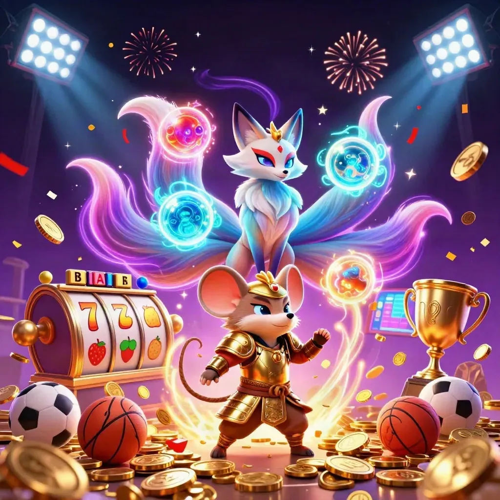 Neon fox spirit and gold-armored mouse amid coins, fireworks, reels, and casino lights