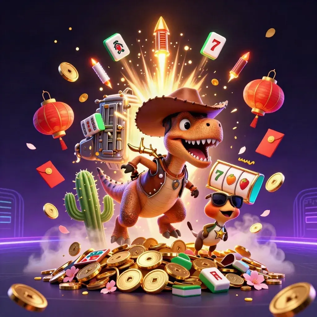 Cartoon cowboy T-Rex, cactus, and roadrunner amid coins, lanterns, fireworks, and neon casino effects.