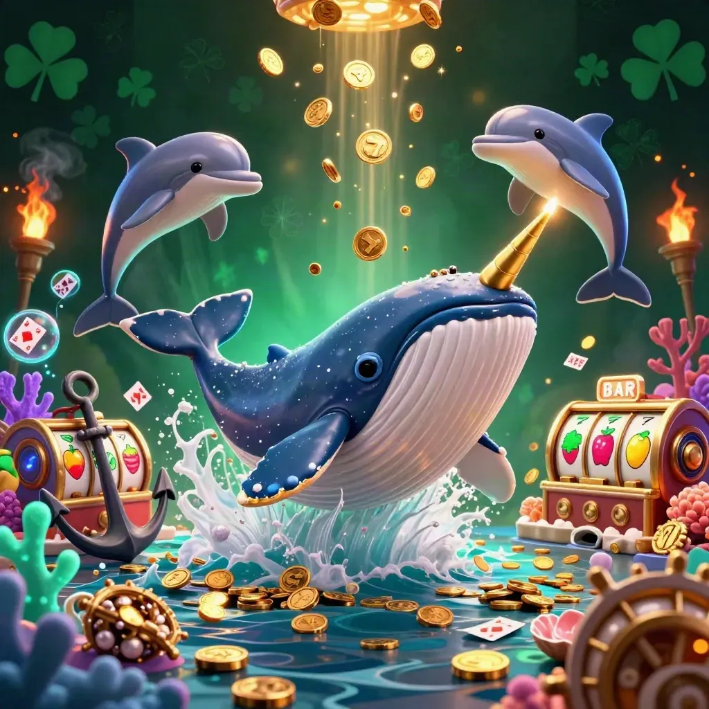 Whale captain, narwhal, and dolphins erupt from coin seas in a neon casino treasure cove.