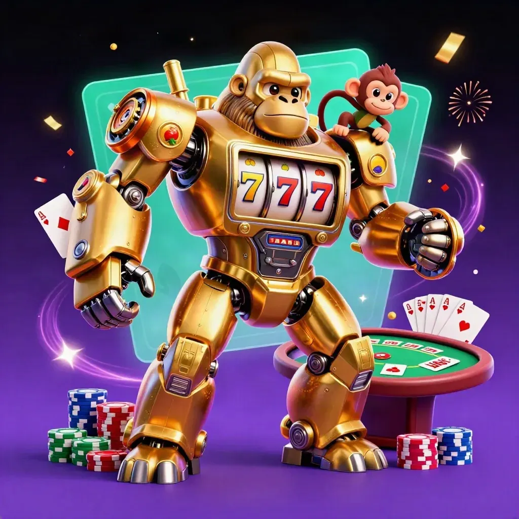 Golden gorilla slot-mech with monkey pilot amid chips, cards, reels, neon sparks on a dark casino sky.
