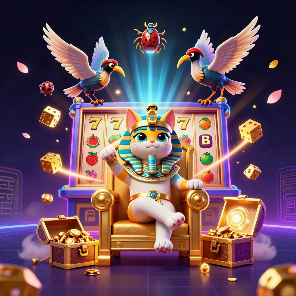 Cyan-lit pharaoh cat, ibis scribe and scarabs amid exploding slot reels, gold, and jackpot rays.