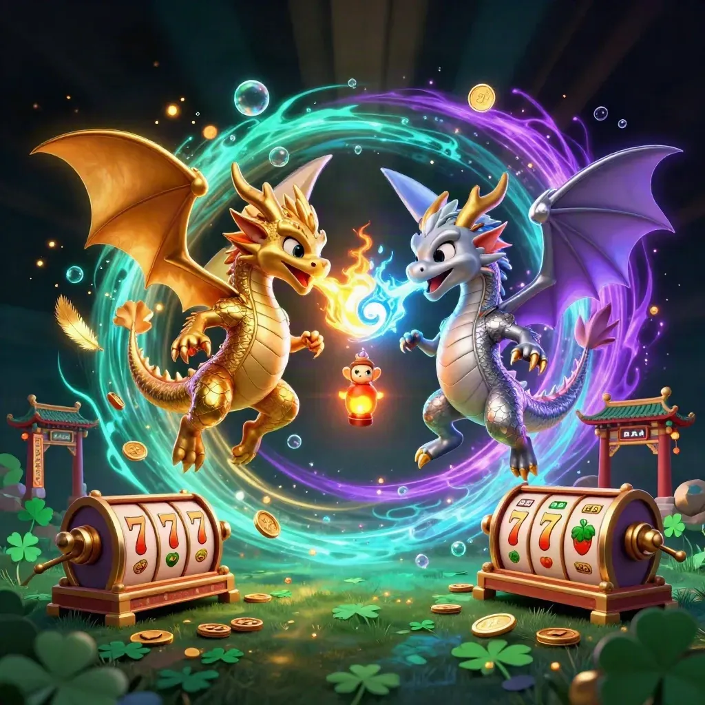 Gold and silver dragons spiral around a lantern spirit in a neon casino temple scene.