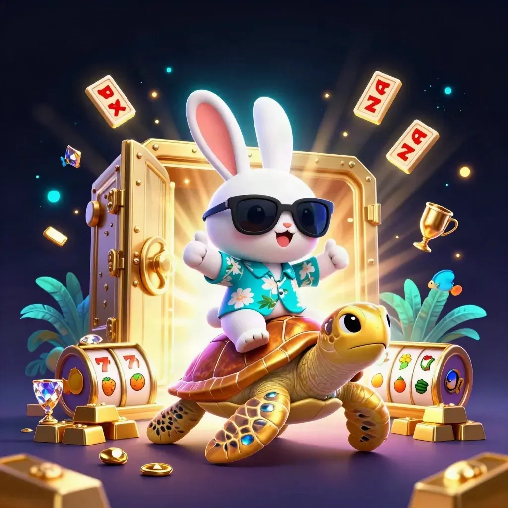 Lucky rabbit on a gem-shell turtle amid gold vault, reels, gems, and cyan-violet casino glow.