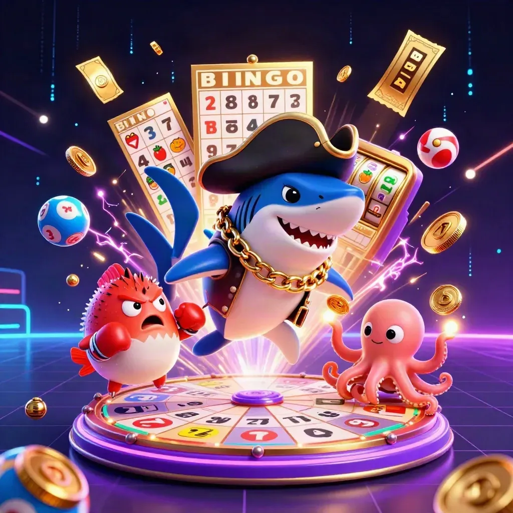 Pirate shark, red pufferfish, and baby octopus burst with casino reels and gold coins on a neon dark background.