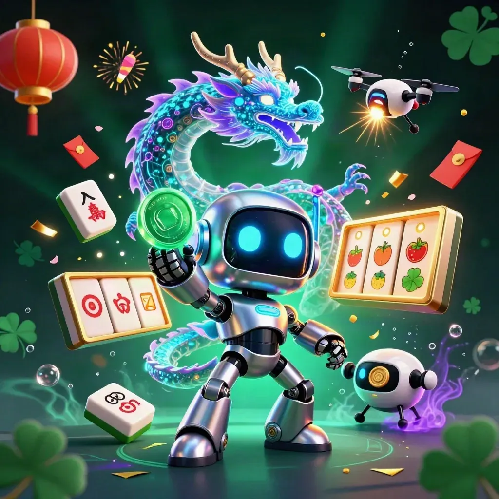 Cyberpunk robot, holographic dragon, and drone amid casino reels, lanterns, coins, and neon glow.