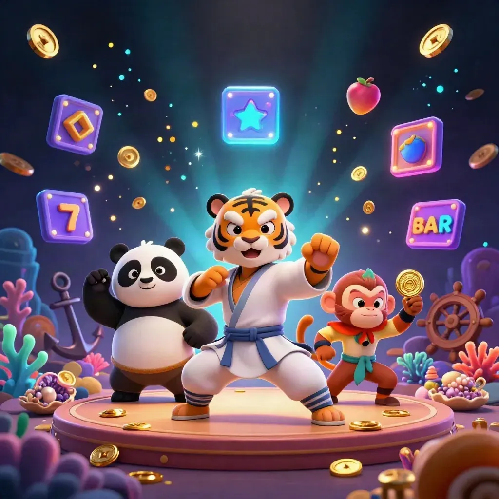 Kung-fu tiger, panda and monkey amid casino gold, reels, coral and glowing treasure.