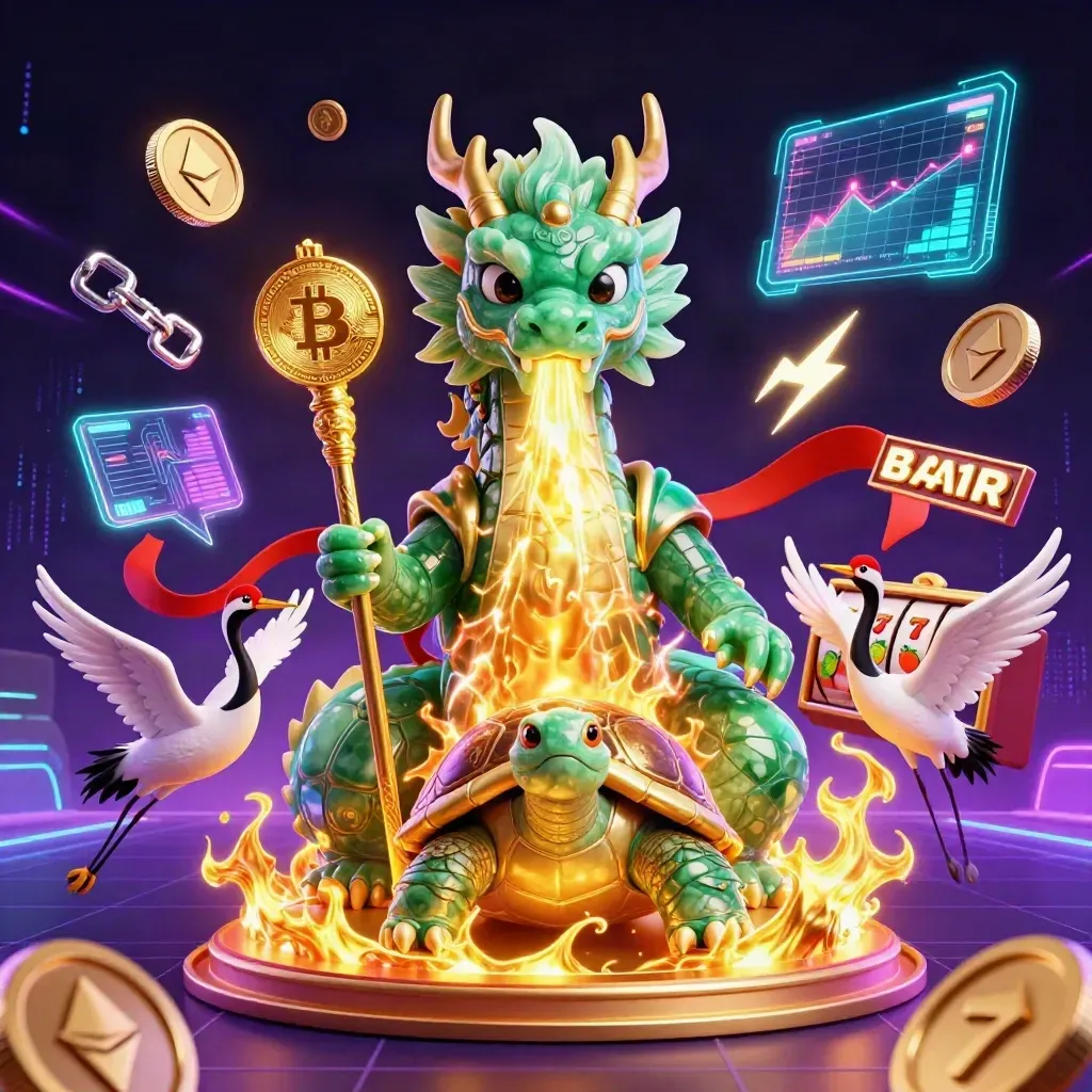 Emerald dragon, turtle sage, and cranes amid neon coins, fire, and casino effects.
