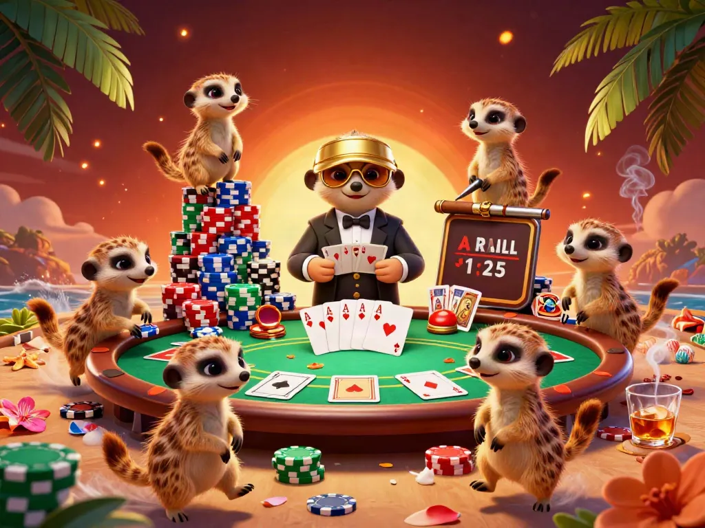 Xibet brings excitement with meerkats managing poker in a dynamic casino scene.