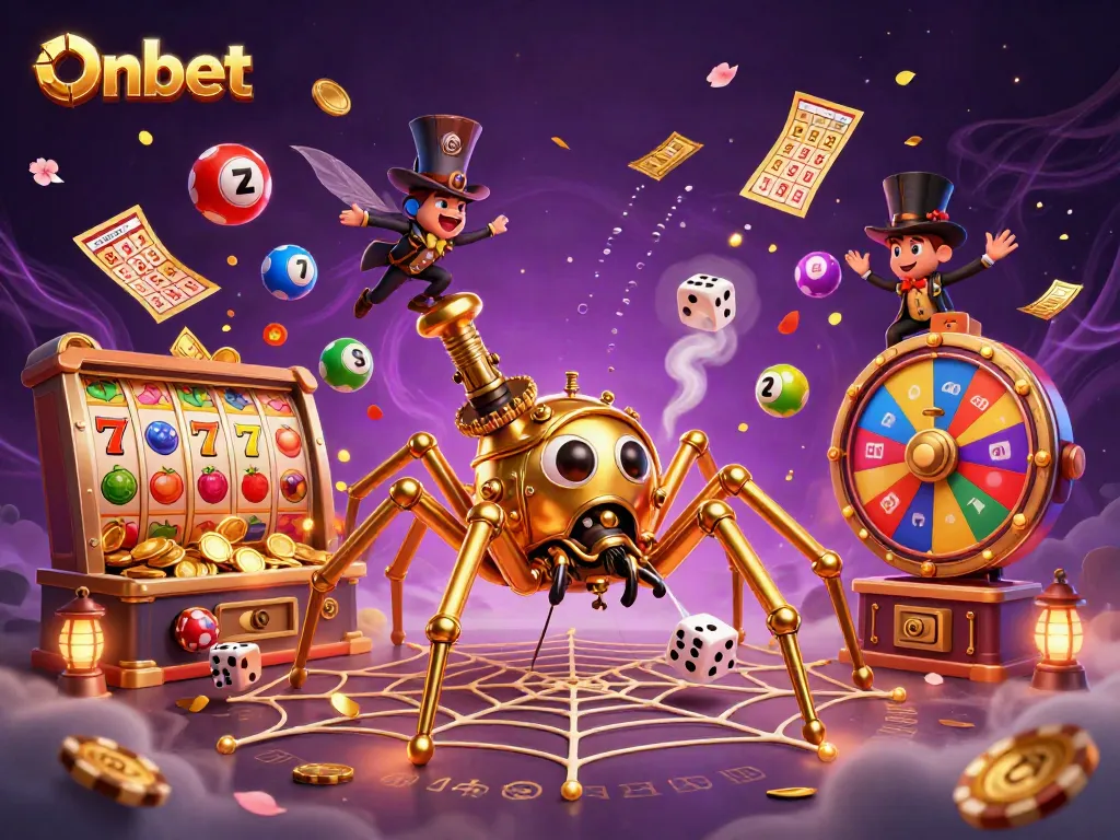 Onbet captures the thrill of slots with gold coins and lucky symbols in a vibrant 3D scene.