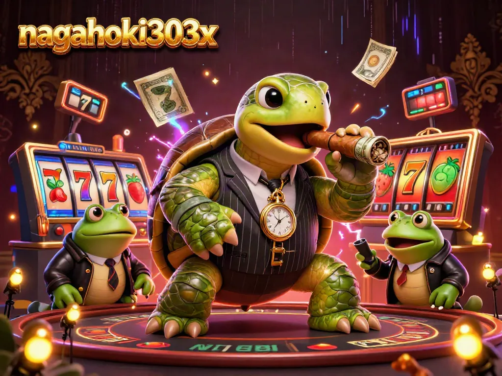 Permainan judi interaktif di NAGAHOKI303x dengan karakter unik, slot, dan jackpot.