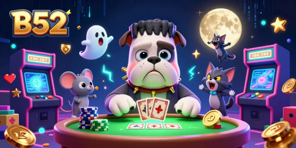 Experience the thrill of B52 with a unique casino illustration featuring a Frankenstein bulldog and playful elements.