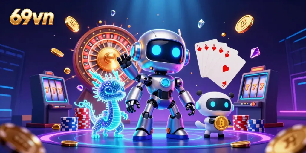 Experience high-stakes fun with 69vn's vibrant casino environment, featuring a cyberpunk robot and vibrant game elements.