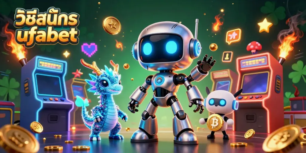 Experience วิธีสมัคร ufabet with a dynamic 3D cartoon scene highlighting a cyberpunk robot mascot and vibrant casino elements.