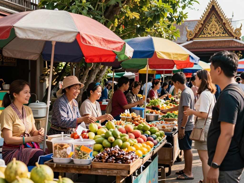 Pasar outdoor Thailand menunjukkan keindahan slot thailand dengan berbagai buah berwarna-warni dan makanan lokal.