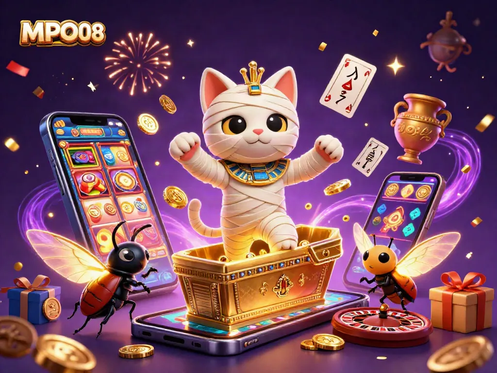 MPO08 featuring a lively 3D scene with a mummy cat and glowing scarab amidst dynamic casino elements, celebrating winning moments.