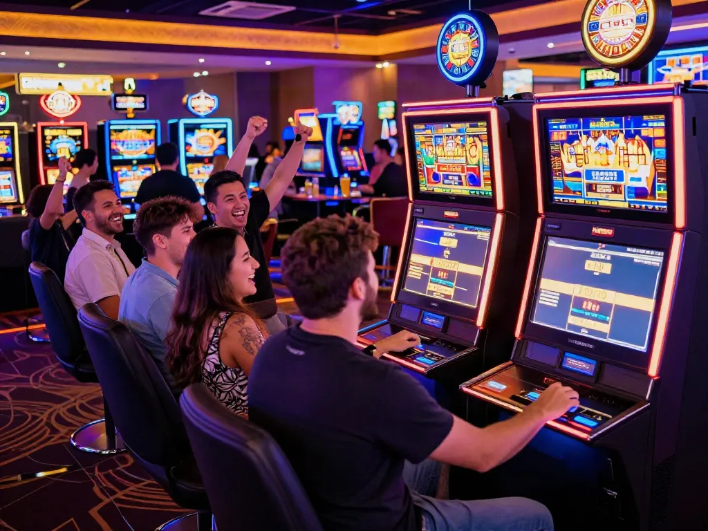A80 slot information platform showcasing diverse players enjoying vibrant casino slot machines.