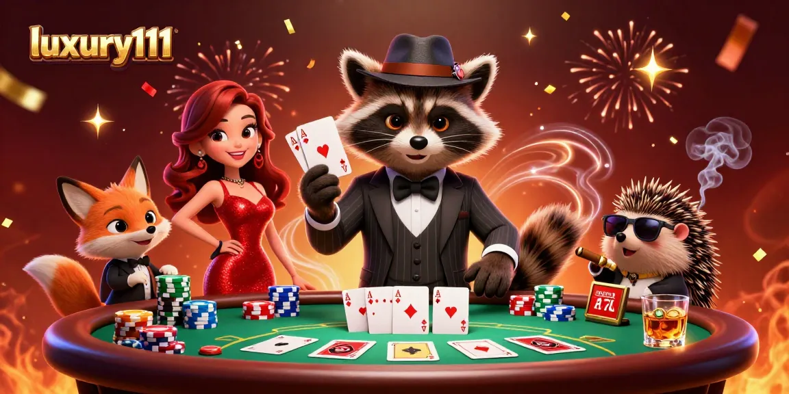 Play to win with luxury111 in a vibrant casino scene featuring cartoon characters and poker elements.