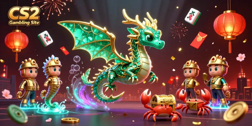 Engaging scene of CS2 Gambling Site featuring a dragon and seahorse characters with gold accents.
