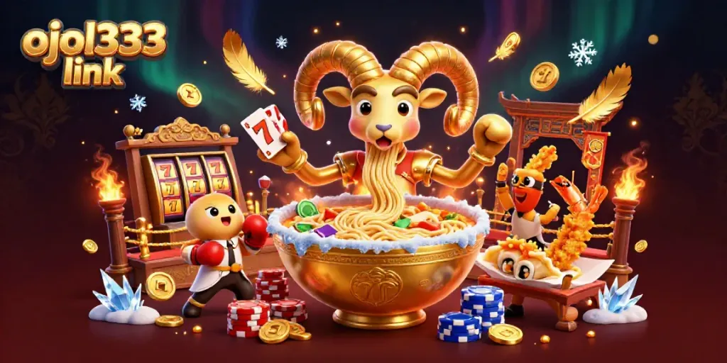 Engage in thrilling casino action with ojol333 link, featuring a golden ramen bowl dealer and dynamic game elements.