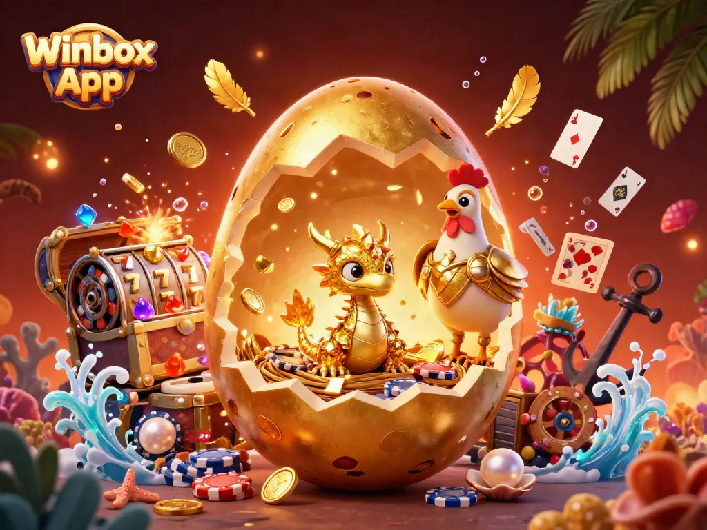 Winbox App showcases a golden dragon nestled on poker chips surrounded by slot reels and treasures.