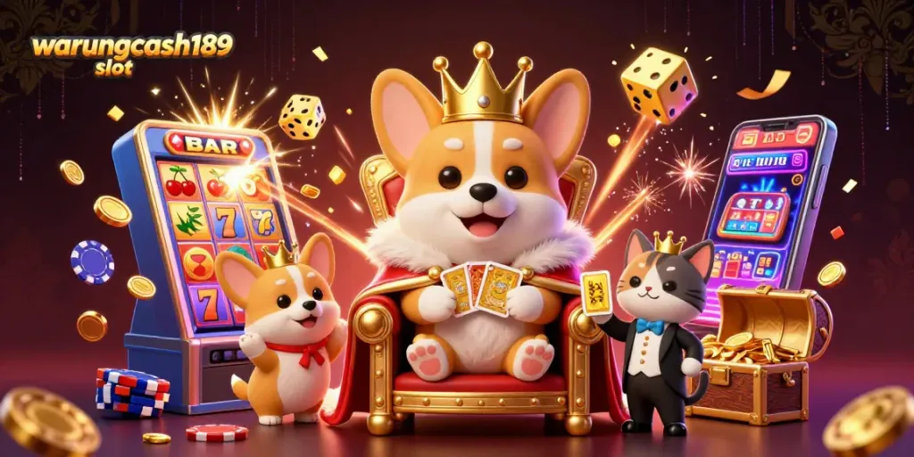 Experience the winning excitement at warungcash189 slot with a vibrant 3D casino scene featuring royal corgis.