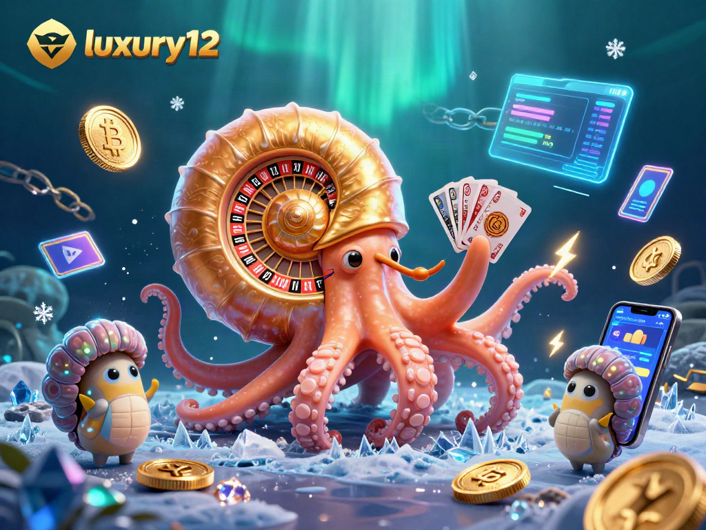 Experience luxury12 casino thrills with a vibrant 3D scene featuring a giant nautilus roulette wheel.