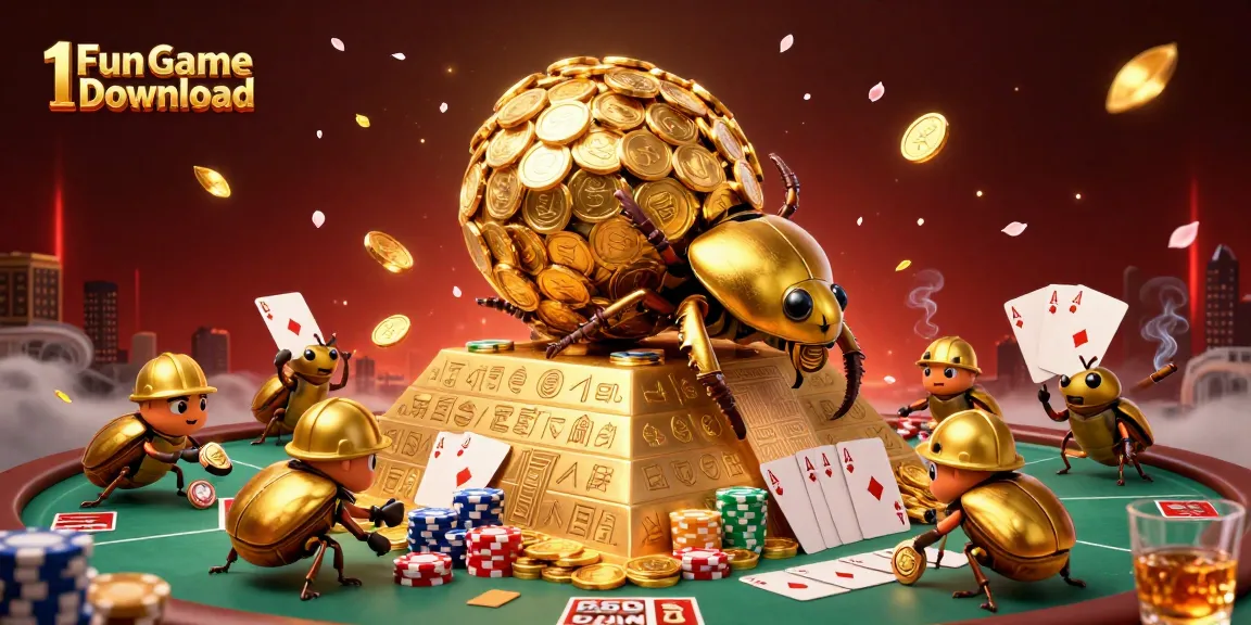 Engage with 1Fun Game Download as a golden beetle rolls coins to win in a bustling casino scene.