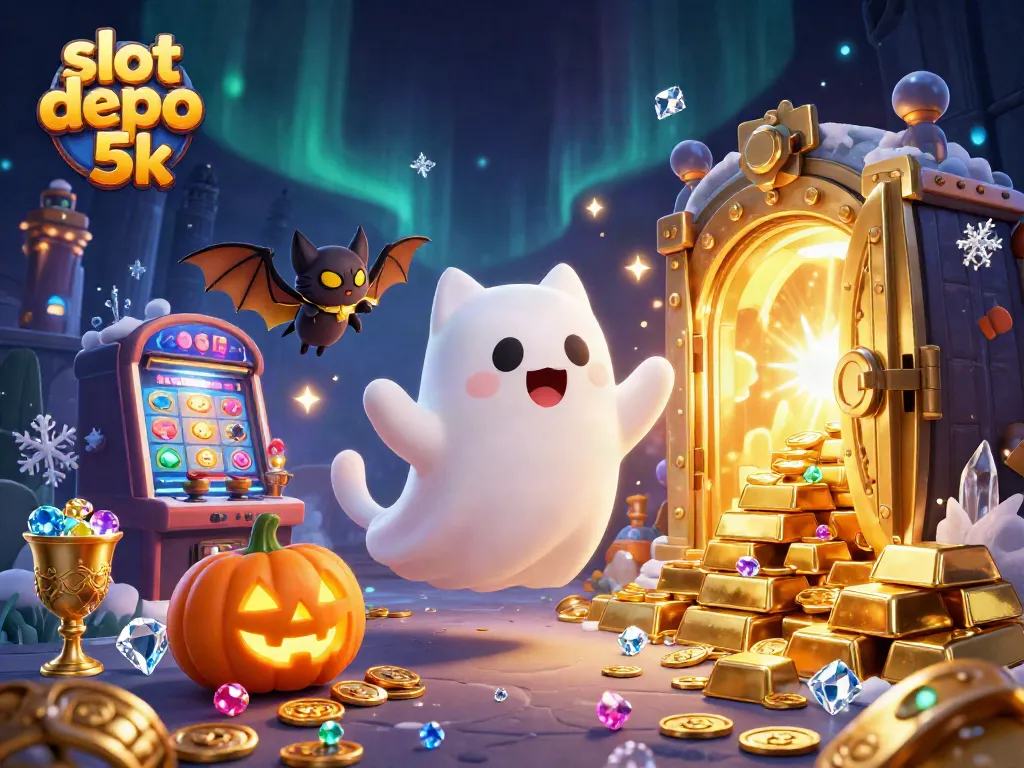 Engage with slot depo 5k in a vibrant 3D casino scene filled with treasures and characters.
