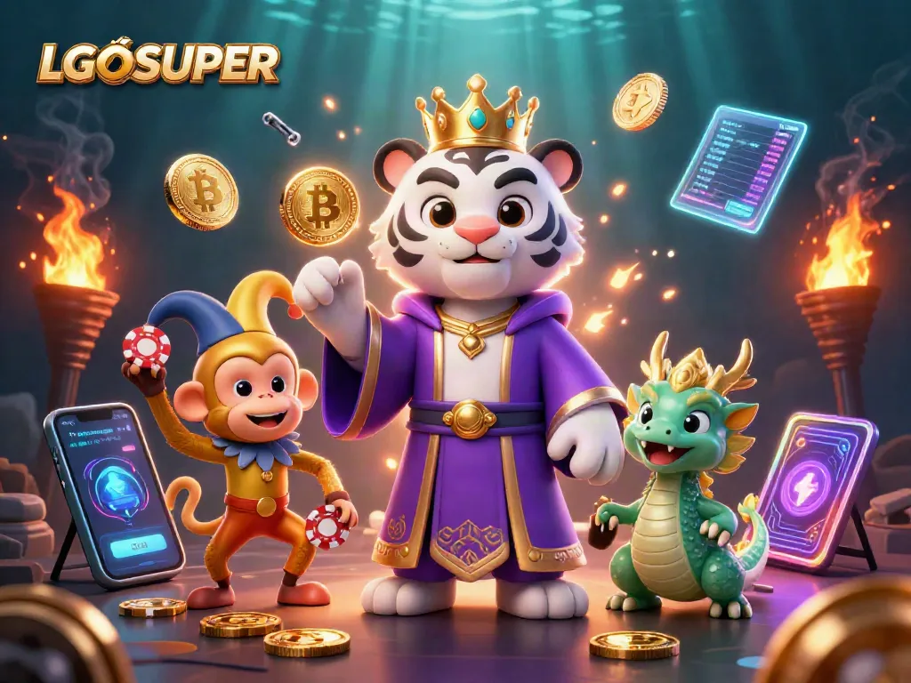 Win big with LGOSUPER in a lavish casino scene featuring vibrant characters and dynamic elements.