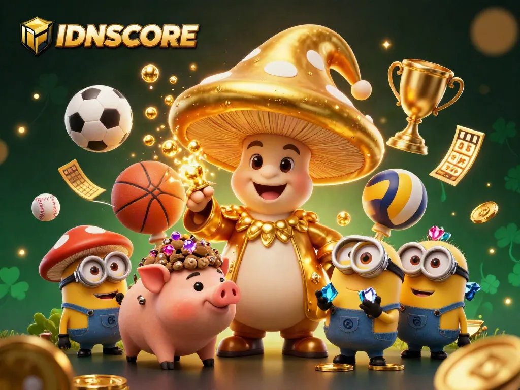 IDNSCORE captures the thrill of sports betting with a golden wizard and dynamic sports elements.