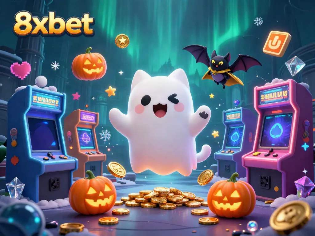 Play at 8xbet with a whimsical ghost cat and vampire bat in a haunted casino