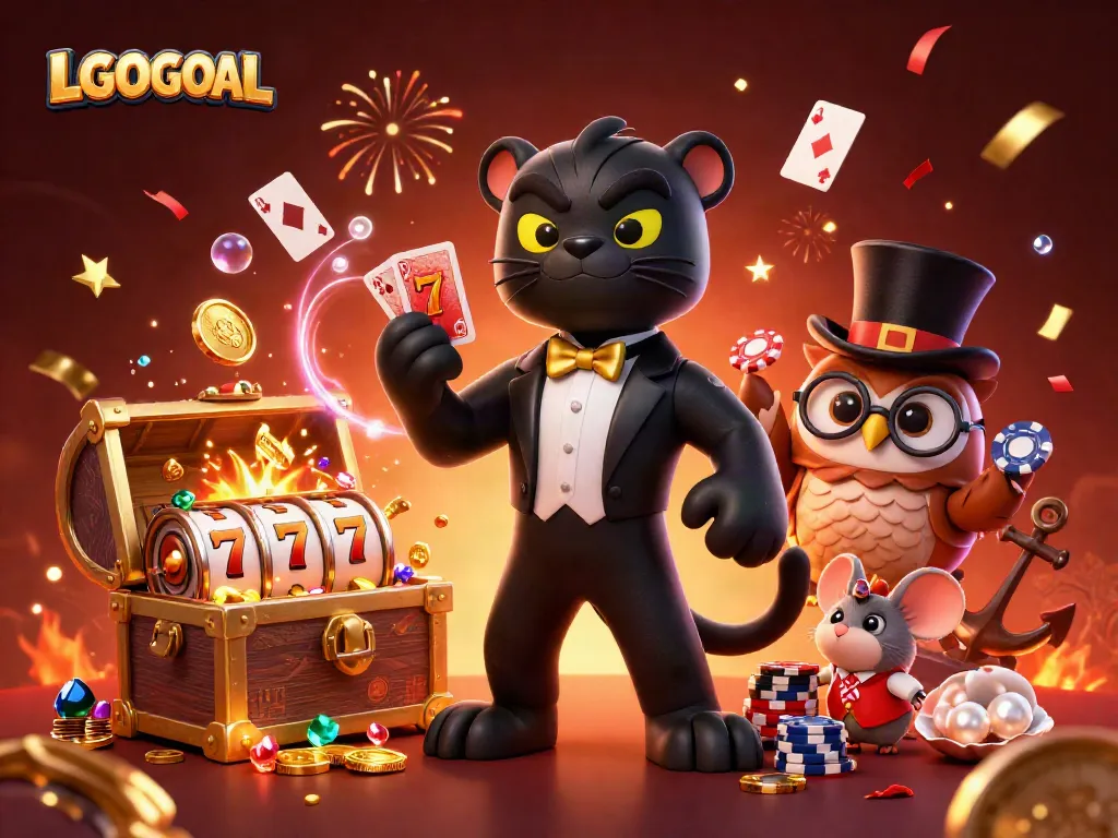 Experience gaming excitement with LGOGOAL, featuring a stylish panther dealer amidst gold coins and vibrant casino elements.