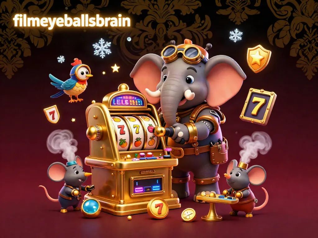 Menang besar dengan mesin slot emas di filmeyeballsbrain, dikelilingi elemen perjudian neon.