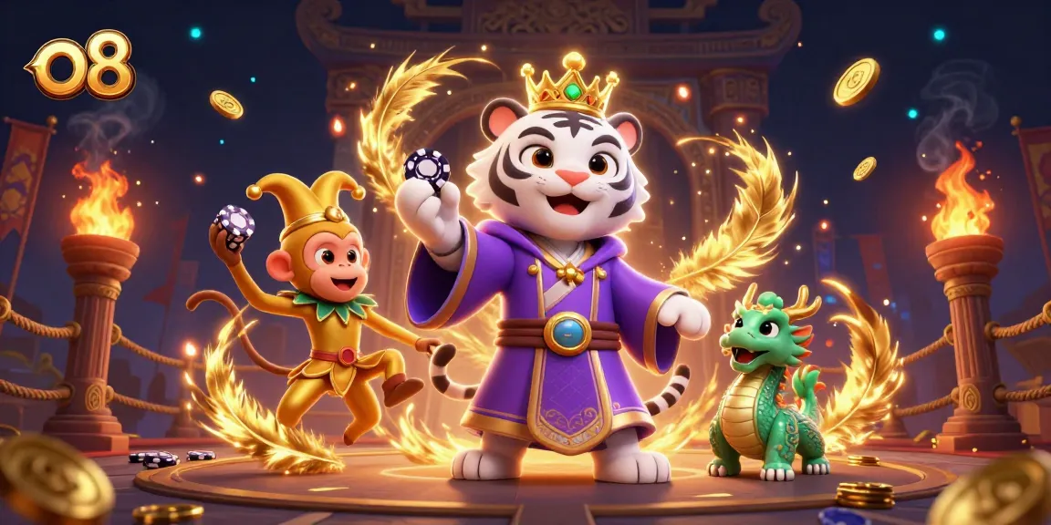 Engage with energetic 3D casino scene featuring o8's playful characters amidst dynamic gambling elements.