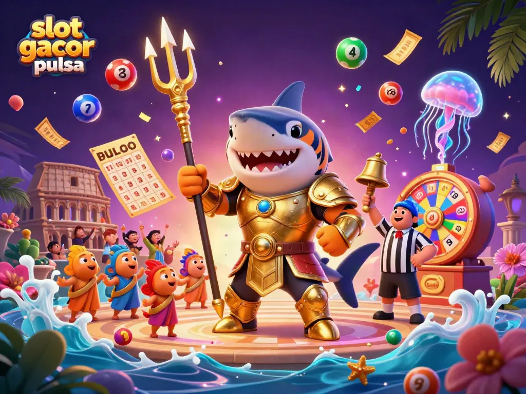 Experience slot gacor pulsa excitement with a dynamic 3D illustration of a gladiator shark and lively casino elements.