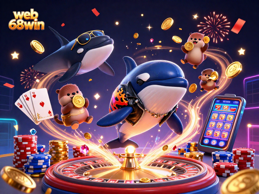 Jump into the action at web 68win with orca and otter characters celebrating casino wins.