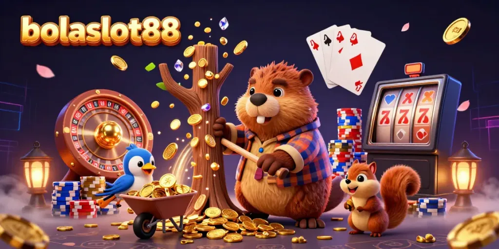 Experience the excitement of bolaslot88 with a vibrant 3D scene featuring animated characters and casino elements.