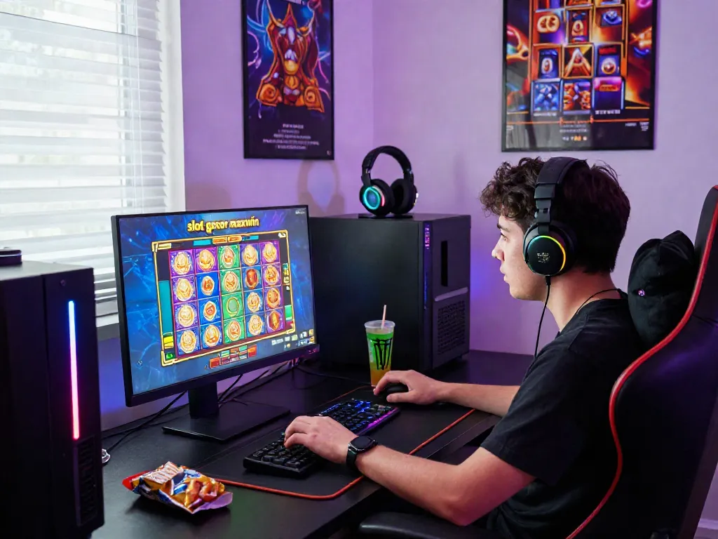 Player engaged in slot gacor maxwin online game in a vibrant gaming setup with colorful LED lighting.
