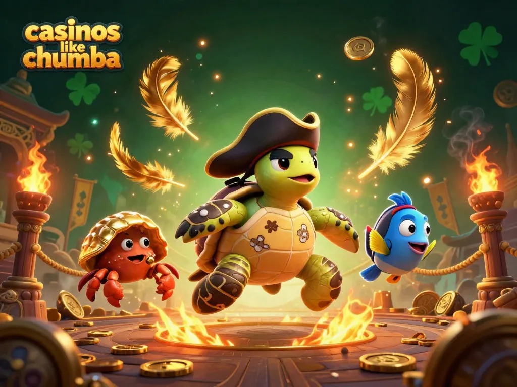 Experience excitement at casinos like Chumba with a lively scene featuring a treasure hunting turtle and friends.