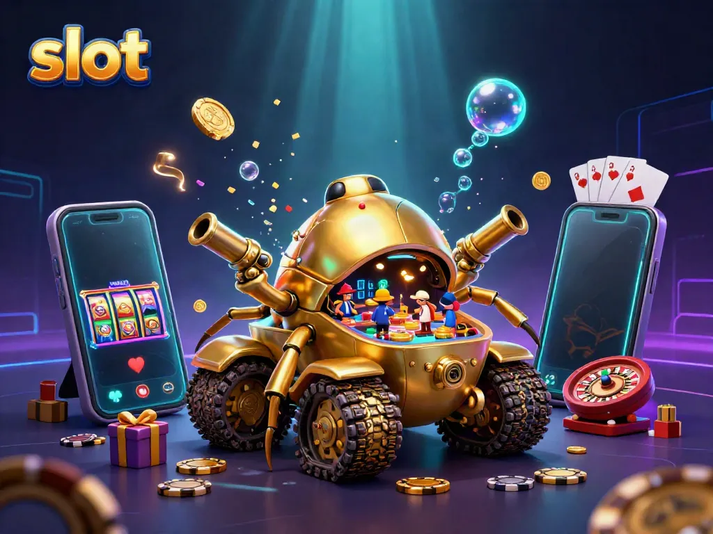 Experience exciting slot action with golden beetle tank revealing a mini casino and colorful gaming elements