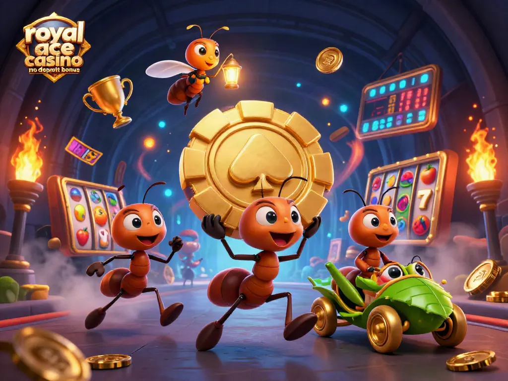 Claim the royal ace casino no deposit bonus while enjoying an exciting heist with cartoon ants and casino elements.