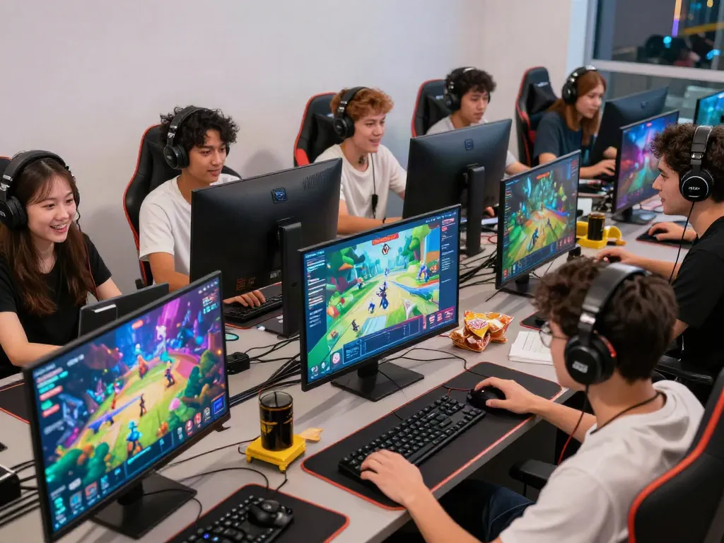 Exciting group of players enjoying batman138 login slot at a modern gaming lounge.