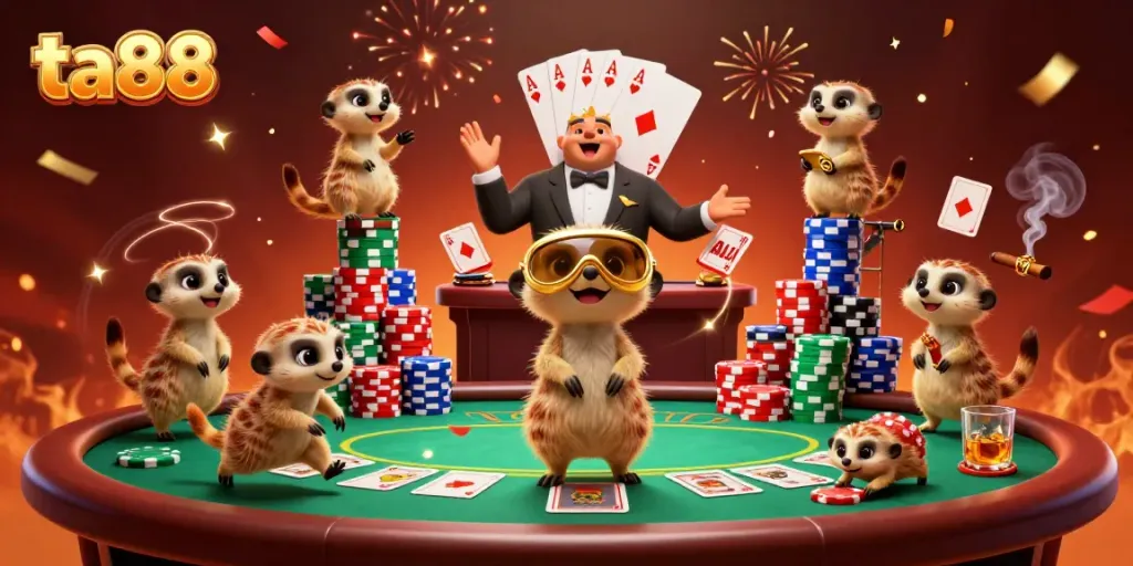 A lively scene of meerkats operating a ta88 casino, featuring dynamic card games and festive elements.