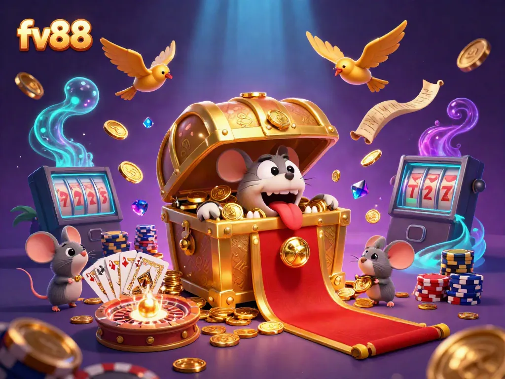 Experience the excitement of fv88 with colorful casino games and gold coins cascading around the treasure chest.