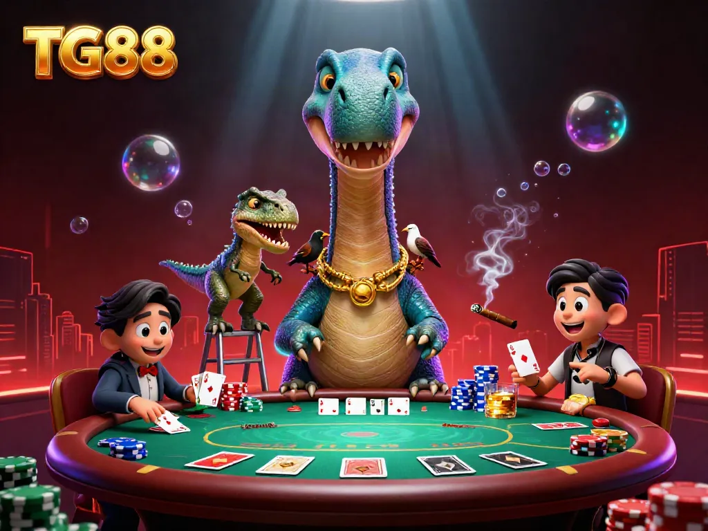Experience thrilling poker action at TG88 with a giant dinosaur and clever raptor dealer overseeing the game.