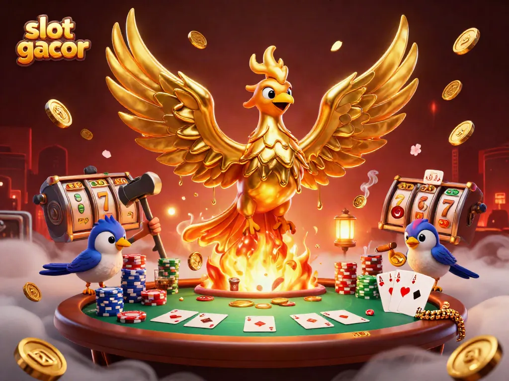 Bermain slot gacor dengan phoenix emas dan tumpukan chip poker dalam suasana kasino yang mewah