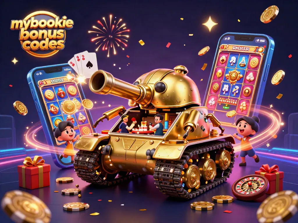 Engage with mybookie bonus codes in a vibrant casino illustration featuring a golden beetle tank.