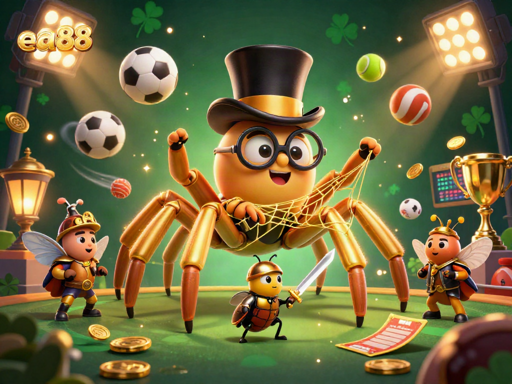 ea88 tarantula weaves a golden thread in a vibrant casino scene with beetle knight and sports balls.