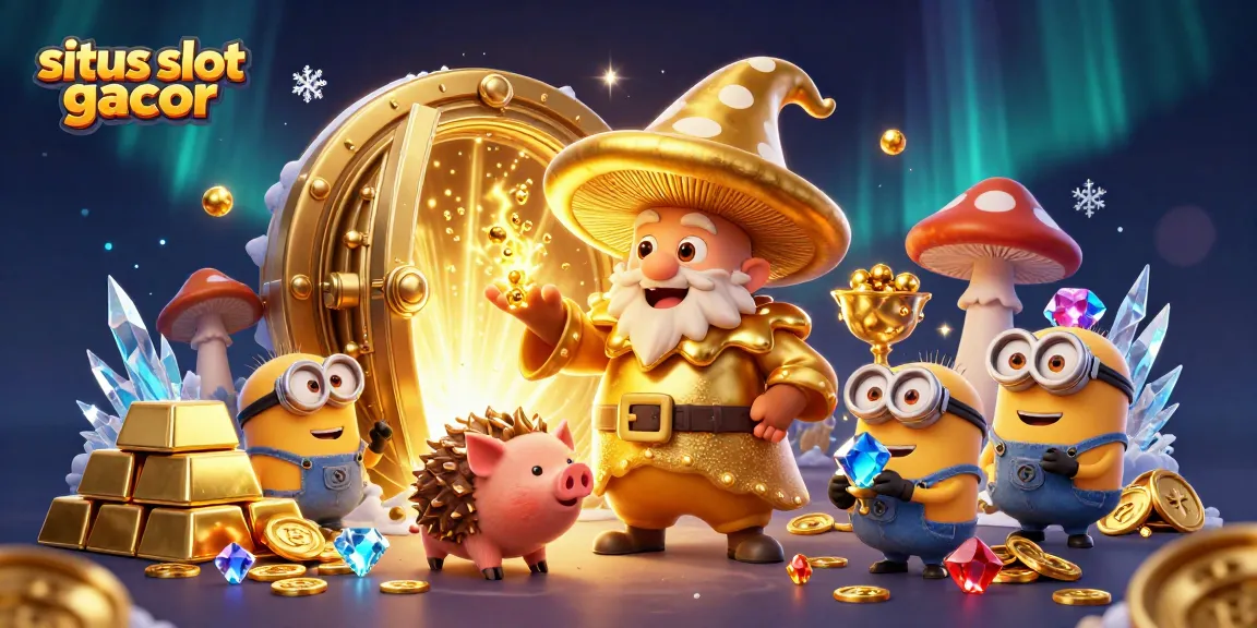 Situs slot gacor menarik perhatian dengan wizard jamur emas dan harta karun bersinar.