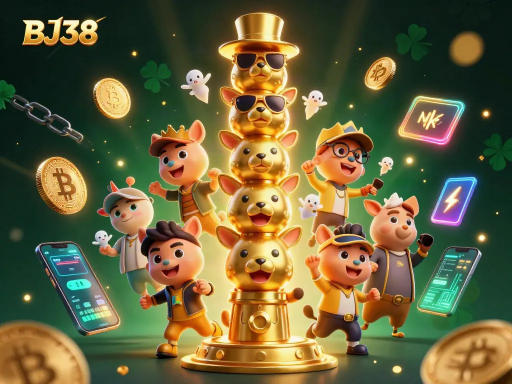 Engage with BJ38 in this vibrant 3D casino-themed digital scene, featuring animated totem characters.